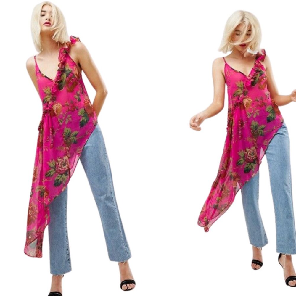 ASOS Pink Floral Semi-Sheer Asymmetric Cami